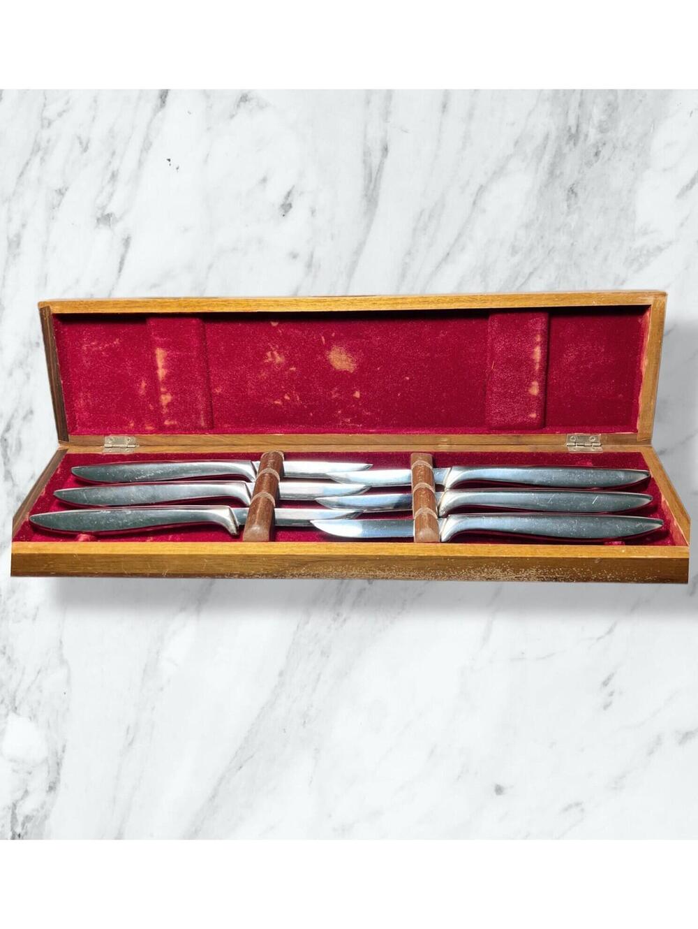 Gerber 1960s Set Of 6 Legendary Miming Steak Knife Set Walnut Case, 8”